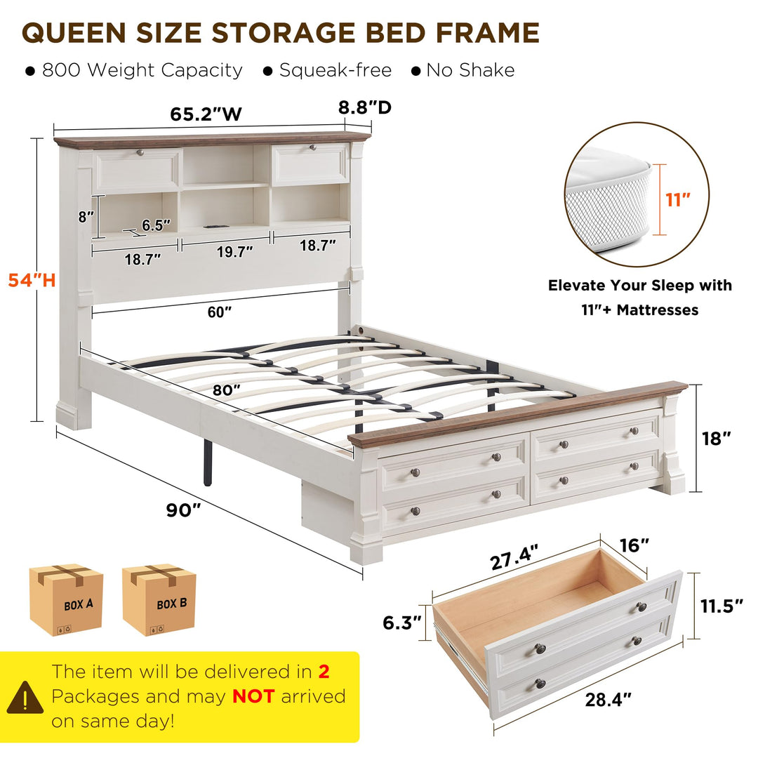 Wood Queen Size Bed Frame with 54" Tall Storage Headboard Charging Station 