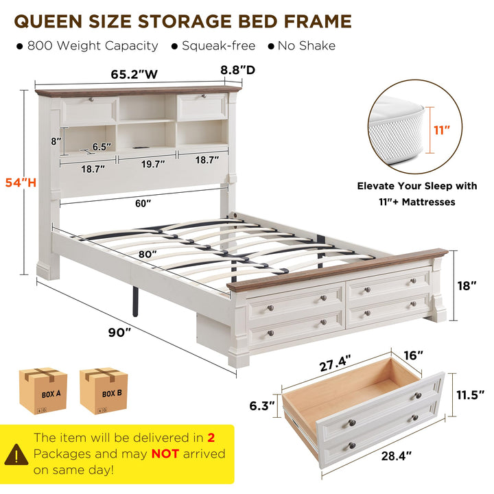 Wood Queen Size Bed Frame with 54" Tall Storage Headboard Charging Station 