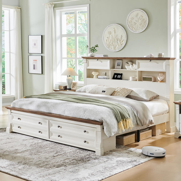 Wood Queen Size Bed Frame with 54" Tall Storage Headboard Charging Station 