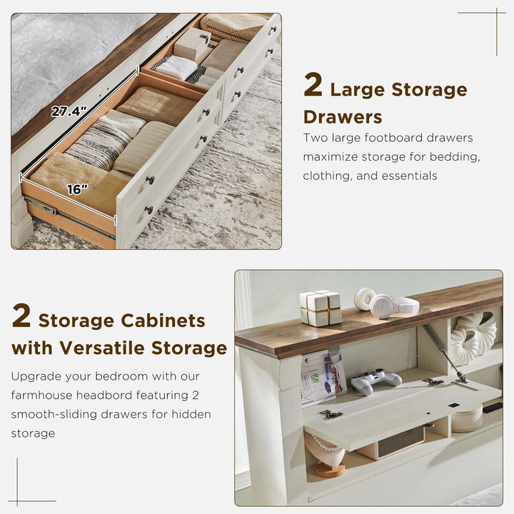 Wood Queen Size Bed Frame with 54" Tall Storage Headboard Charging Station 