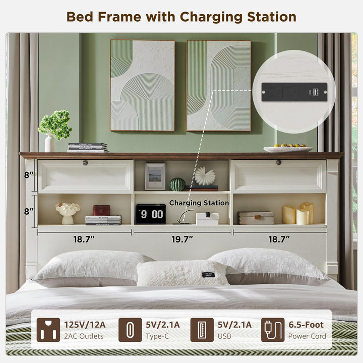 Wood Queen Size Bed Frame with 54" Tall Storage Headboard Charging Station 