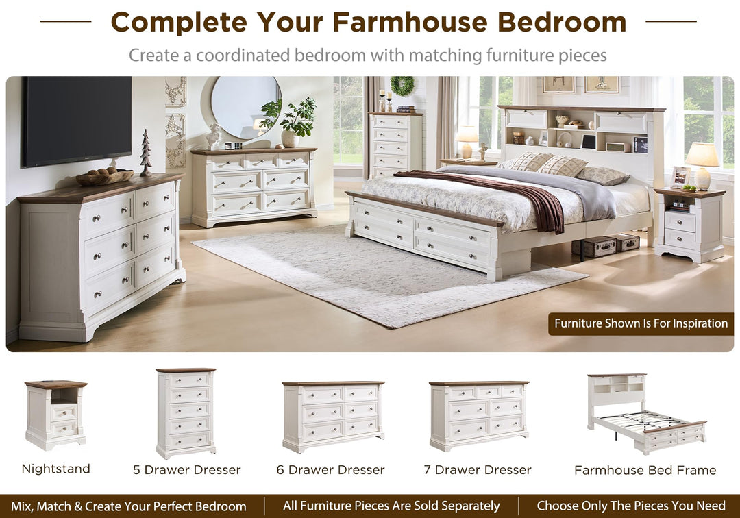 Wood Queen Size Bed Frame with 54" Tall Storage Headboard Charging Station 