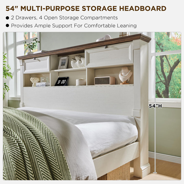Wood Queen Size Bed Frame with 54" Tall Storage Headboard Charging Station 
