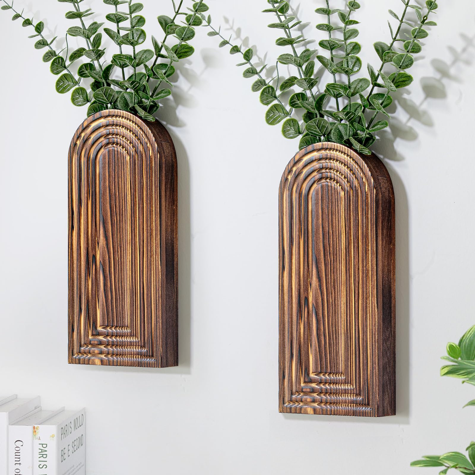 Wooden Wall Planter Vase Set of 2, Boho Hanging Planter for Indoor Plants & Flowers, Natural Wood Wall-Mounted Planters for Art Home Decor - Living Room, Bedroom, Bathroom, Patio (Brown) 