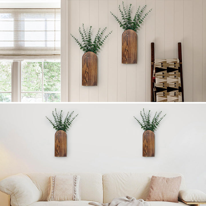 Wooden Wall Planter Vase Set of 2, Boho Hanging Planter for Indoor Plants &amp; Flowers, Natural Wood Wall-Mounted Planters for Art Home Decor - Living Room, Bedroom, Bathroom, Patio (Brown) 