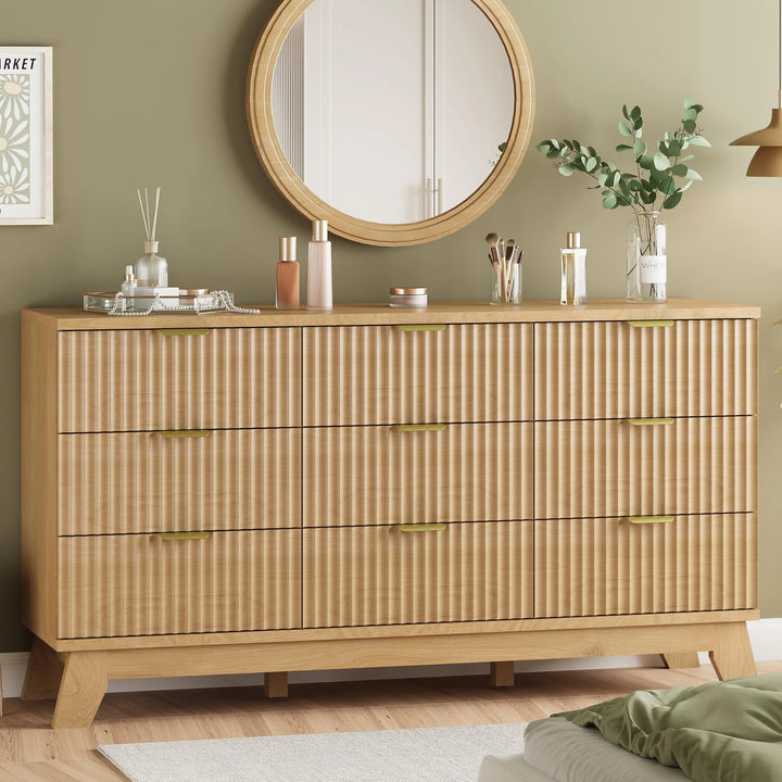 Fluted Dresser for Bedroom with 9 Drawers, 57" Wide Modern Chest of Drawers with Metal Handle, Wooden Dresser TV Stand, Wood Closet Clothes Storage Organizer for Living Room, Hallway, Natural Oak 