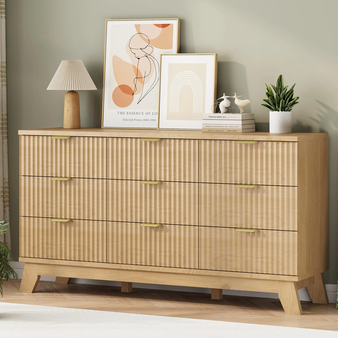 Fluted Dresser for Bedroom with 9 Drawers, 57" Wide Modern Chest of Drawers with Metal Handle, Wooden Dresser TV Stand, Wood Closet Clothes Storage Organizer for Living Room, Hallway, Natural Oak 