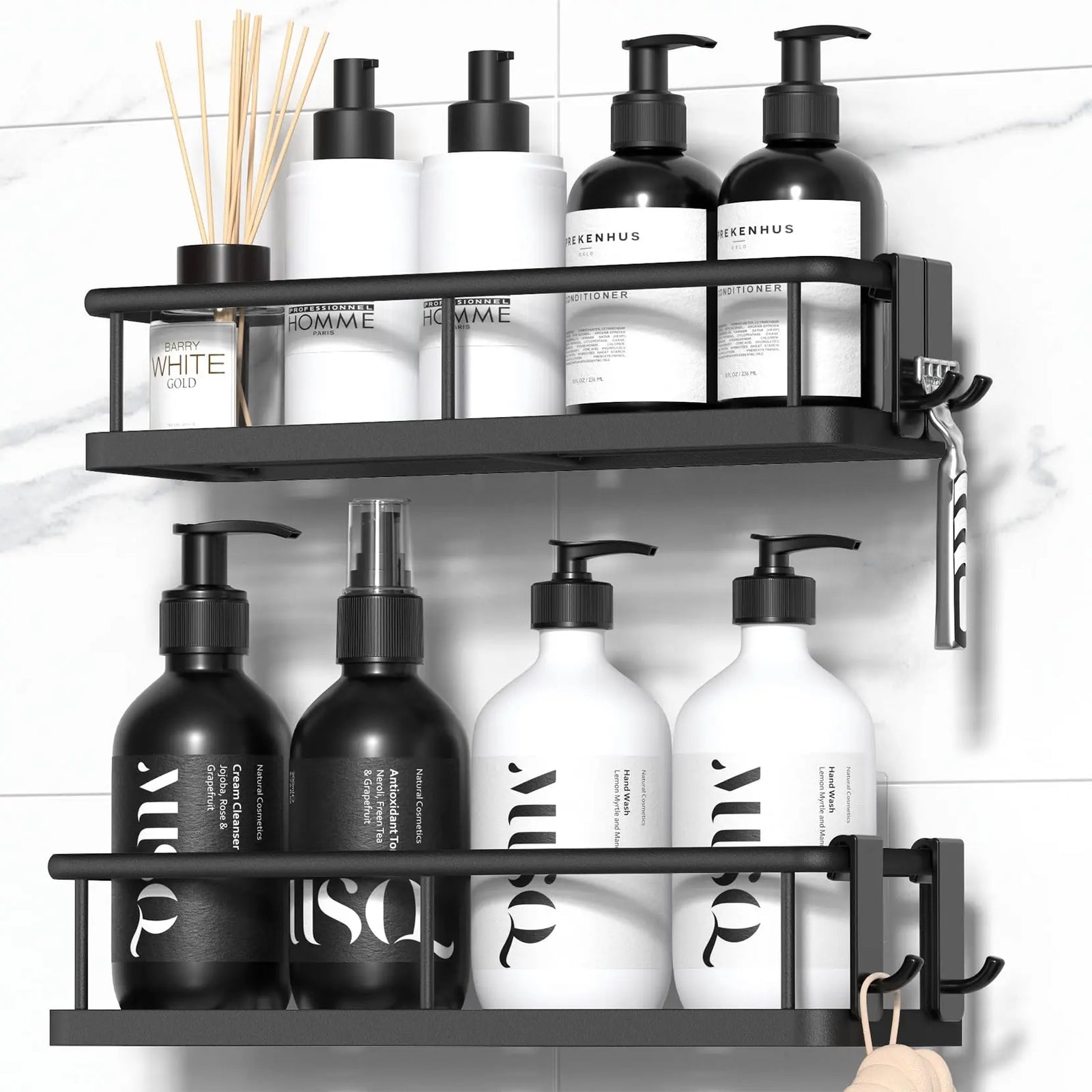 YASONIC Shower Caddy Adhesive, No Drill Bathroom Shower Organizers, with Removable Hooks, Rust Proof Shower Shelves, Wall-Mounted Shower Holder, Black, 2 Pack 