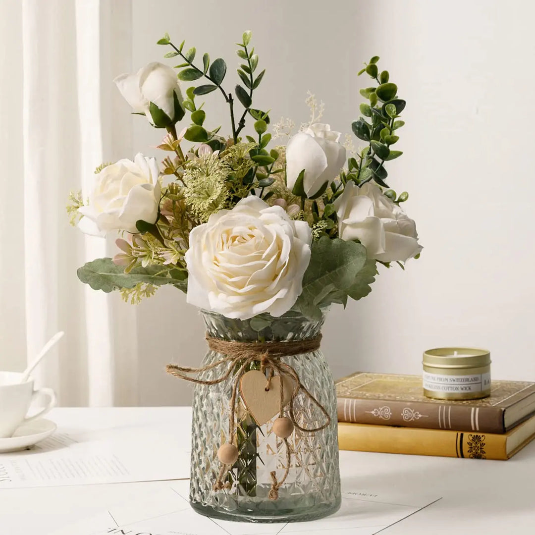 YJ Fake Flowers with Vase, Silk Roses Artificial Flowers, White
