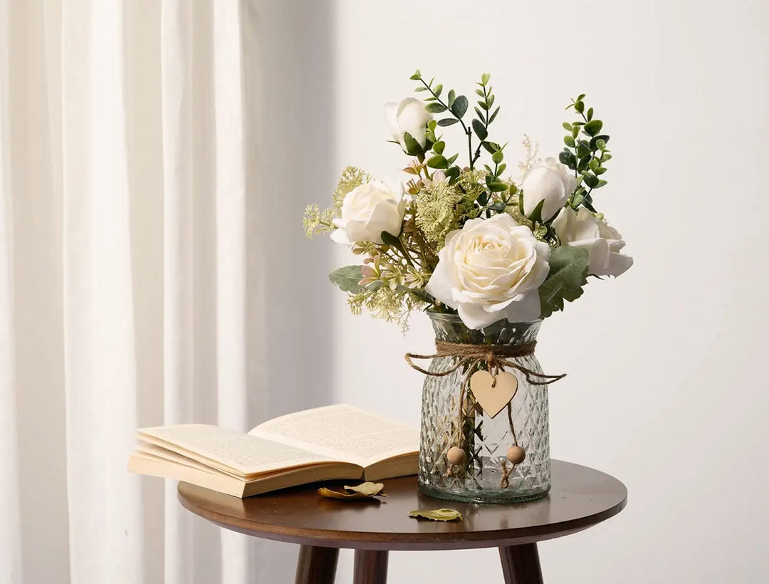YJ Fake Flowers with Vase, Silk Roses Artificial Flowers, White