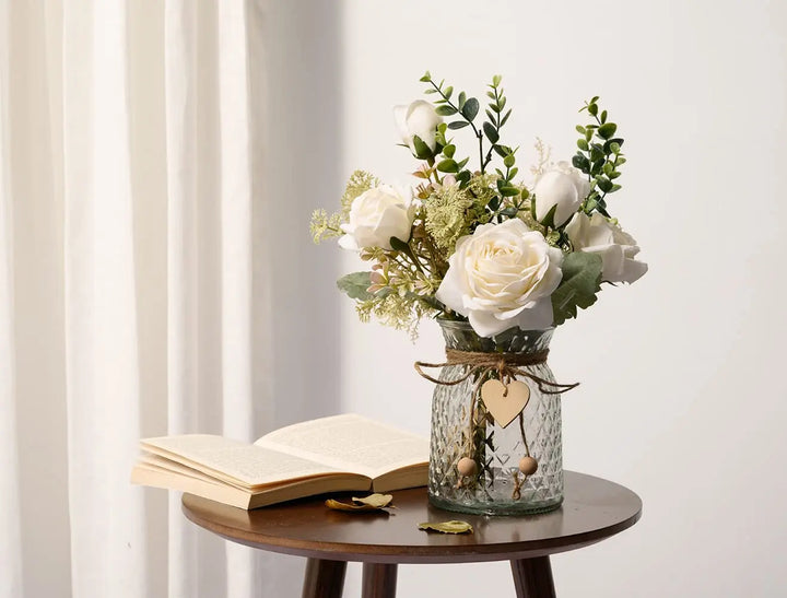 YJ Fake Flowers with Vase, Silk Roses Artificial Flowers, White