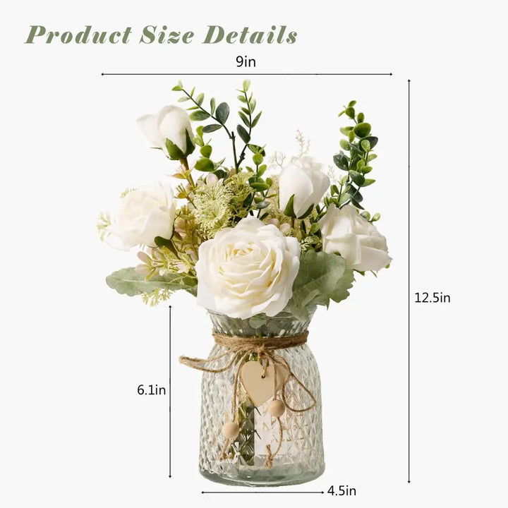 YJ Fake Flowers with Vase, Silk Roses Artificial Flowers, White