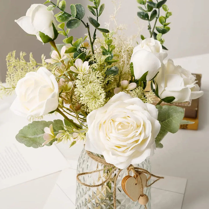 YJ Fake Flowers with Vase, Silk Roses Artificial Flowers, White