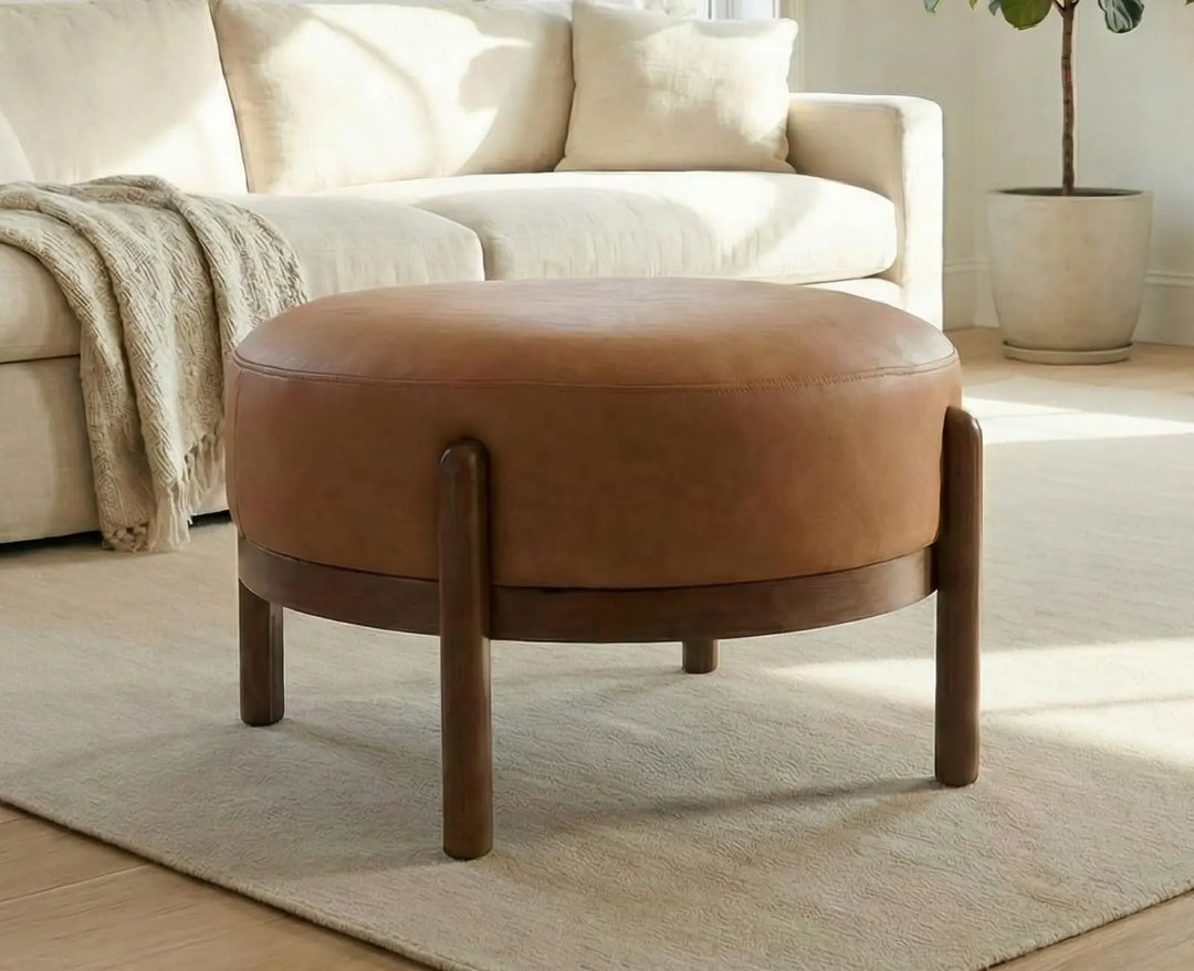 Ya-Home Modern Ottoman, Soft PU Leather Footrest Bench with Solid Wooden Legs, Brown