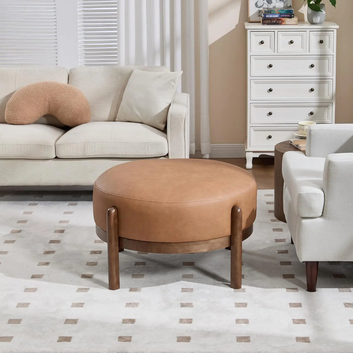 Ya-Home Modern Ottoman, Soft PU Leather Footrest Bench with Solid Wooden Legs, Brown