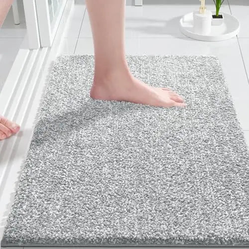 Yimobra Bathroom Rugs Mat, Extra Soft Comfortable Bath Rugs, Non-Slip, Water Absorbent and Thick Bathroom Floor Mats, Machine Washine, Shaggy Rugs for Shower Bathtubs, 24" x 17", Grey&White 