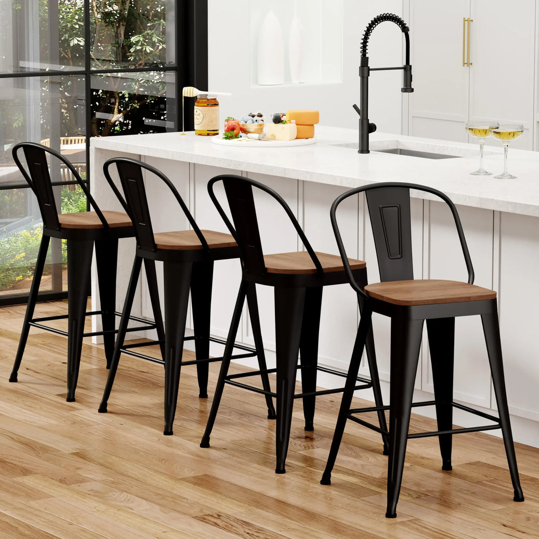 Yongqiang Barstools, Set of 4, Farmhouse Metal High Back, 24 Inch, Matte Black