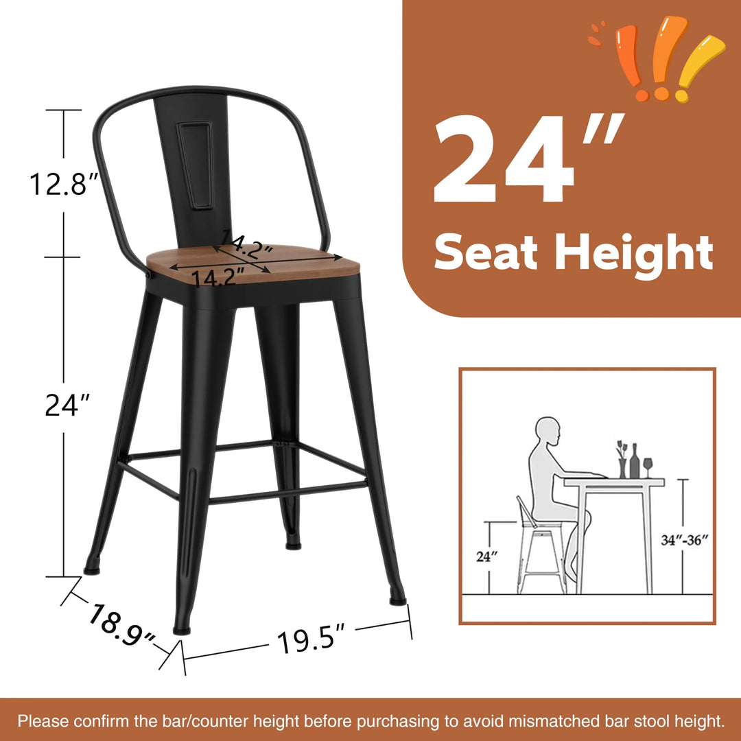 Yongqiang Barstools, Set of 4, Farmhouse Metal High Back, 24 Inch, Matte Black