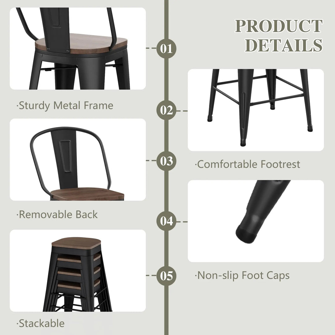 Yongqiang Barstools, Set of 4, Farmhouse Metal High Back, 24 Inch, Matte Black