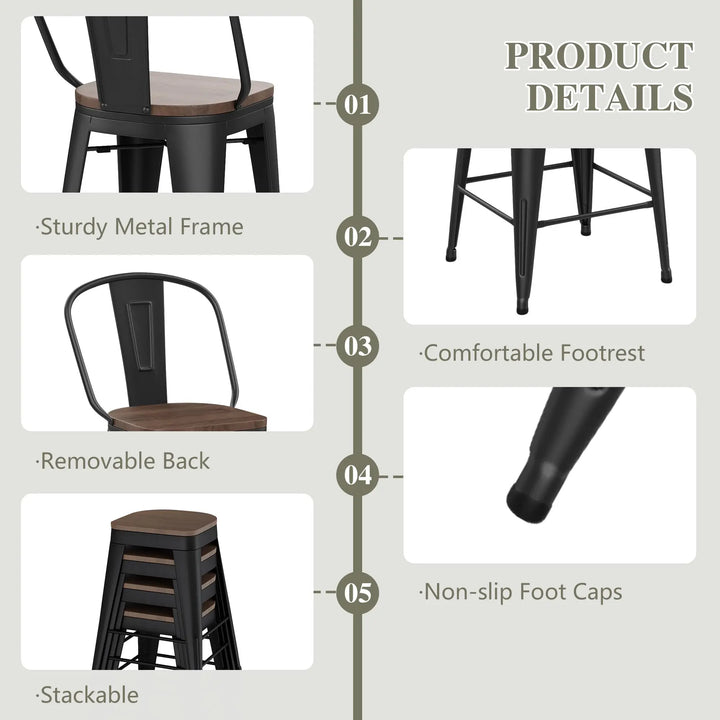 Yongqiang Barstools, Set of 4, Farmhouse Metal High Back, 24 Inch, Matte Black