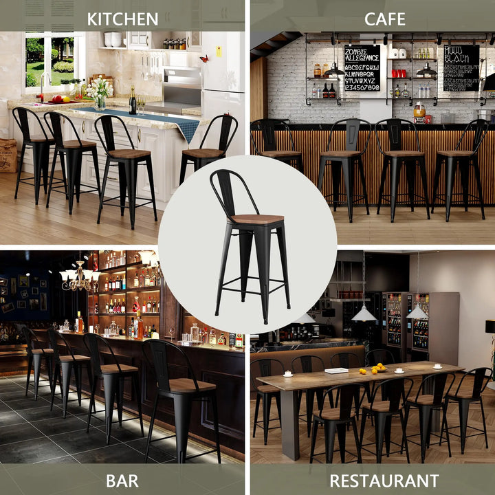 Yongqiang Barstools, Set of 4, Farmhouse Metal High Back, 24 Inch, Matte Black
