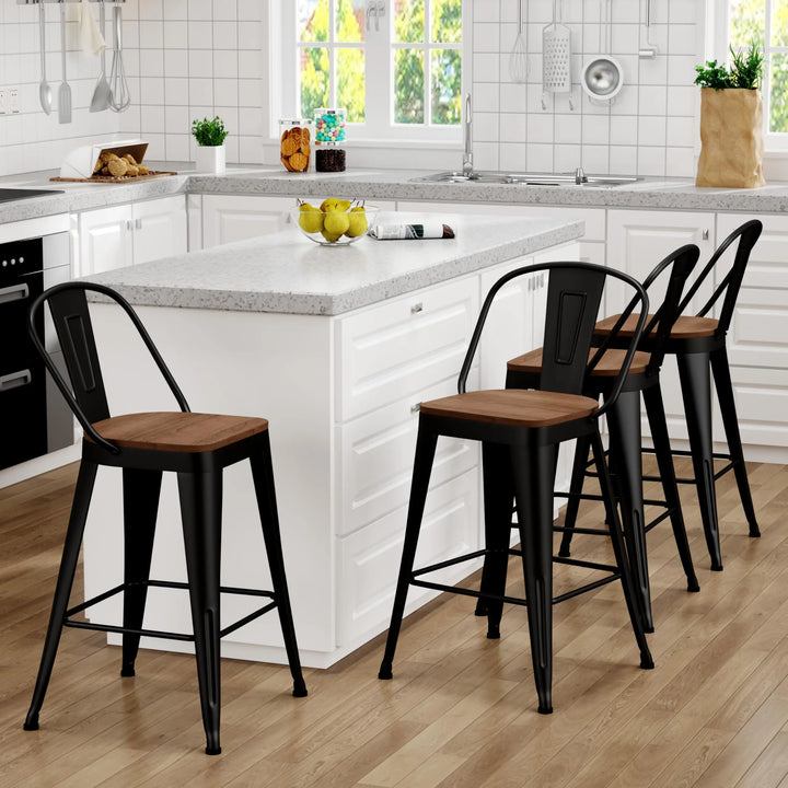 Yongqiang Barstools, Set of 4, Farmhouse Metal High Back, 24 Inch, Matte Black