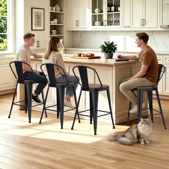 Yongqiang Barstools, Set of 4, Farmhouse Metal High Back, 24 Inch, Matte Black
