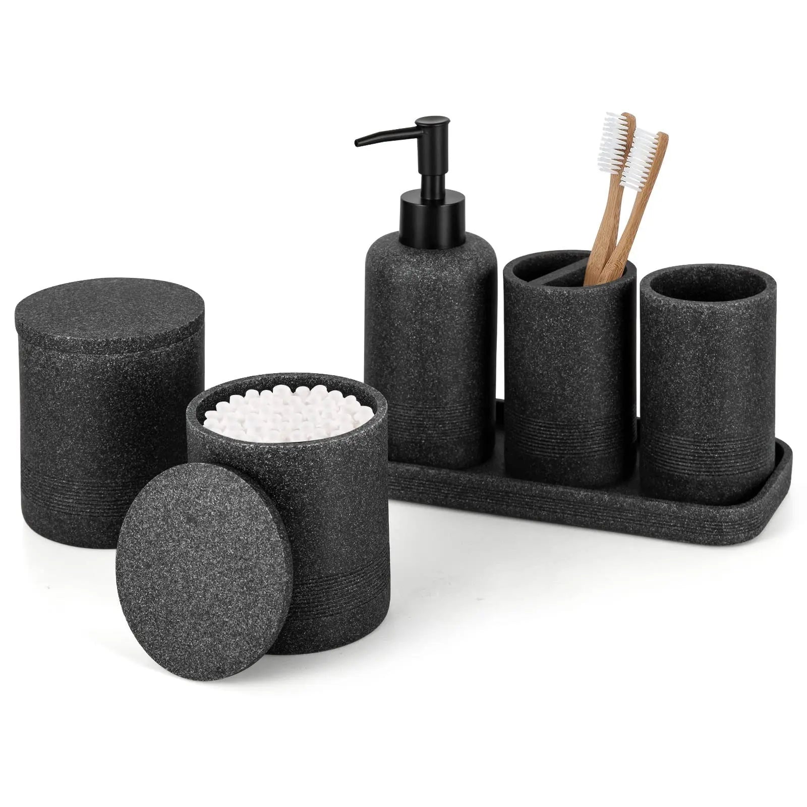 ZCCZ - Black Bathroom Accessories Set 6 Pcs - Toothbrush Holder, Lotion Soap Dispensers, 2 Qtip Holder Dispenser, Vanity Tray, Bathroom Tumbler - Countertop Vanity Organizer - Bathroom Accessory Set 