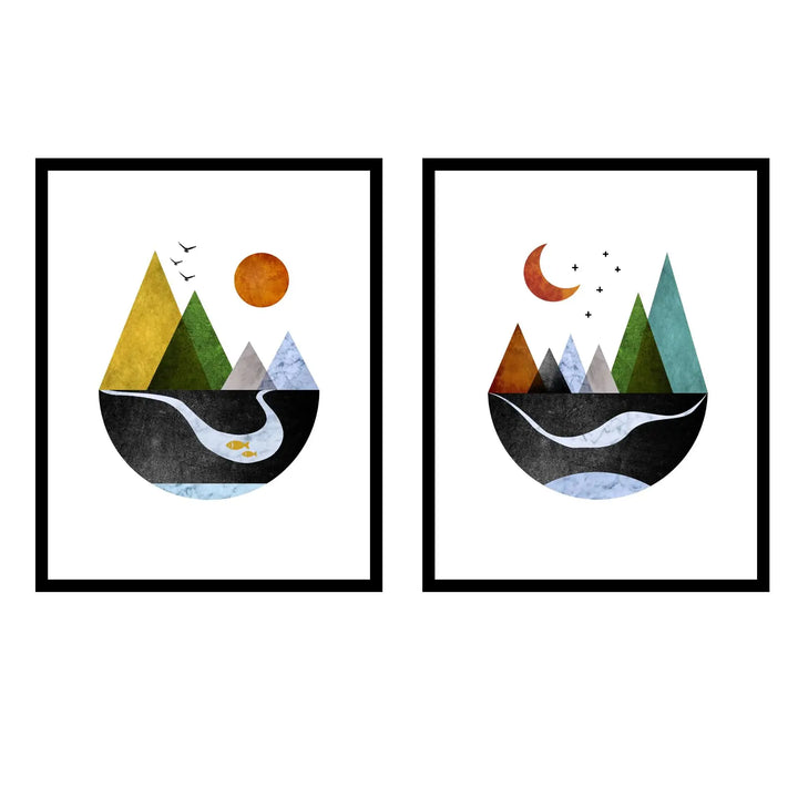 ZEARPT Scandinavian Mountain Wall Art Set of 2, Nordic Geometric Landscape Prints, Minimalist Abstract Poster for Living Room Bedroom Office Decor, Boho Scandi Wall Decor, Unframed 8x10 Inch