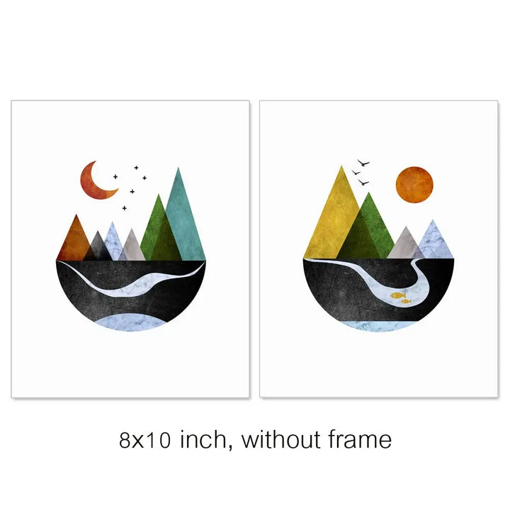 ZEARPT Scandinavian Mountain Wall Art Set of 2, Nordic Geometric Landscape Prints, Minimalist Abstract Poster for Living Room Bedroom Office Decor, Boho Scandi Wall Decor, Unframed 8x10 Inch