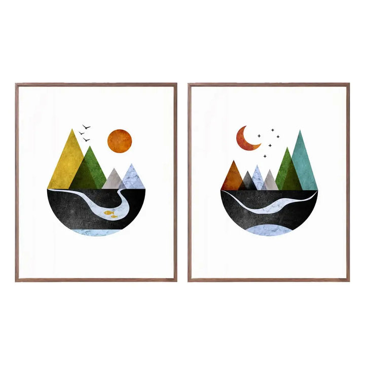 ZEARPT Scandinavian Mountain Wall Art Set of 2, Nordic Geometric Landscape Prints, Minimalist Abstract Poster for Living Room Bedroom Office Decor, Boho Scandi Wall Decor, Unframed 8x10 Inch