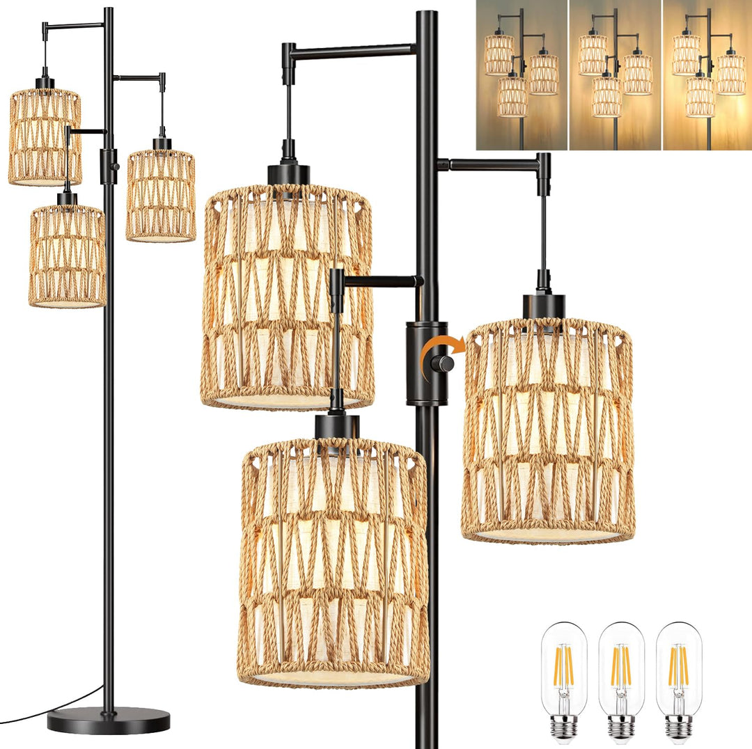 ZECOXOL Boho Floor Lamp for Living Room Bedroom-3 Light Dimmable Floor Lamp with Three Led Bulb, Rustic Tall Lamp Black Standing Lamp Tree Floor Lamps for Living Room Bedroom,Office,Corner 