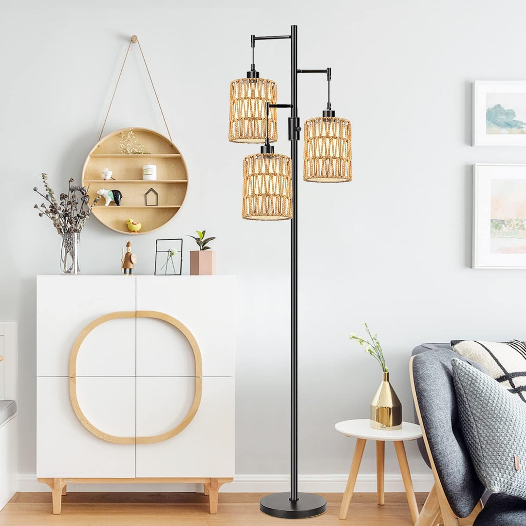 ZECOXOL Boho Floor Lamp for Living Room Bedroom-3 Light Dimmable Floor Lamp with Three Led Bulb, Rustic Tall Lamp Black Standing Lamp Tree Floor Lamps for Living Room Bedroom,Office,Corner 