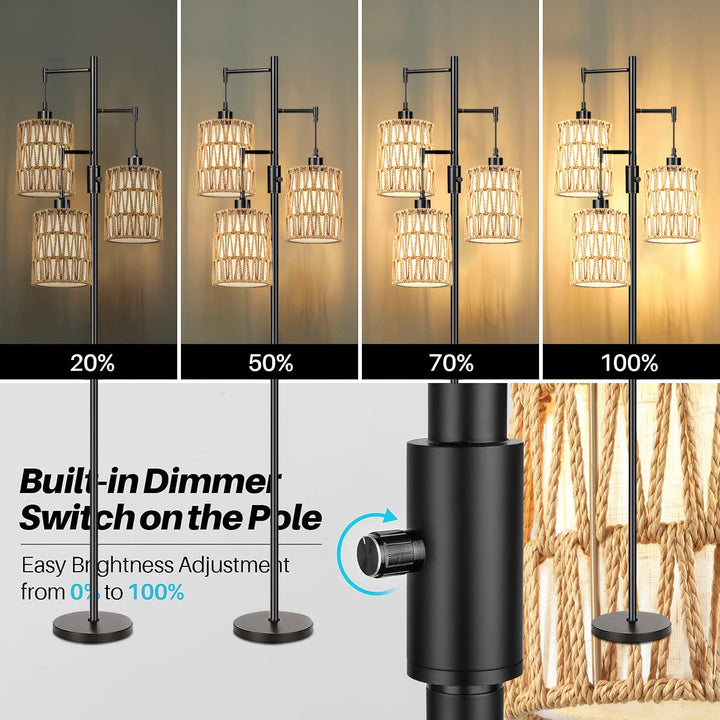 ZECOXOL Boho Floor Lamp for Living Room Bedroom-3 Light Dimmable Floor Lamp with Three Led Bulb, Rustic Tall Lamp Black Standing Lamp Tree Floor Lamps for Living Room Bedroom,Office,Corner 