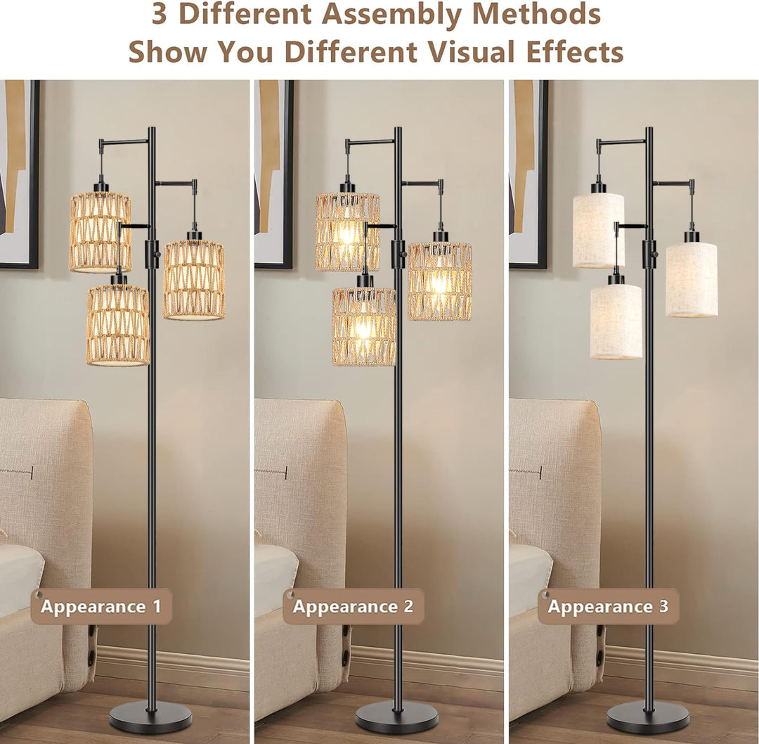 ZECOXOL Boho Floor Lamp for Living Room Bedroom-3 Light Dimmable Floor Lamp with Three Led Bulb, Rustic Tall Lamp Black Standing Lamp Tree Floor Lamps for Living Room Bedroom,Office,Corner 