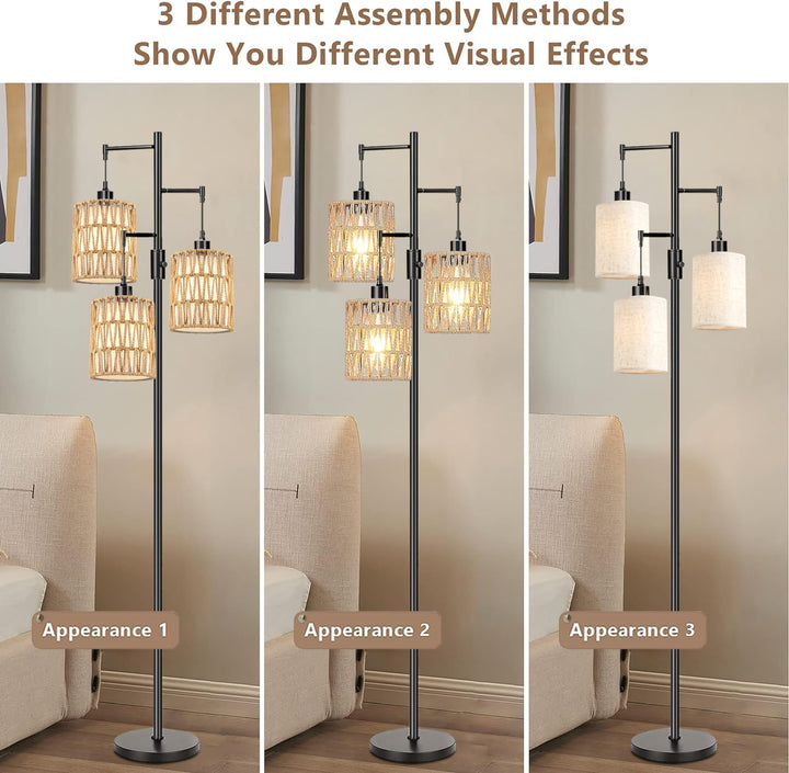 ZECOXOL Boho Floor Lamp for Living Room Bedroom-3 Light Dimmable Floor Lamp with Three Led Bulb, Rustic Tall Lamp Black Standing Lamp Tree Floor Lamps for Living Room Bedroom,Office,Corner 