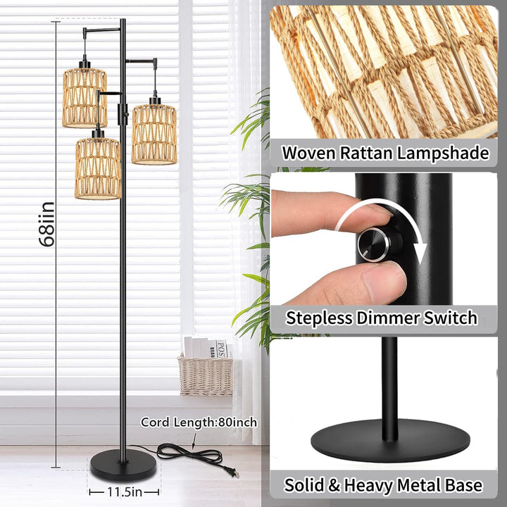 ZECOXOL Boho Floor Lamp for Living Room Bedroom-3 Light Dimmable Floor Lamp with Three Led Bulb, Rustic Tall Lamp Black Standing Lamp Tree Floor Lamps for Living Room Bedroom,Office,Corner 