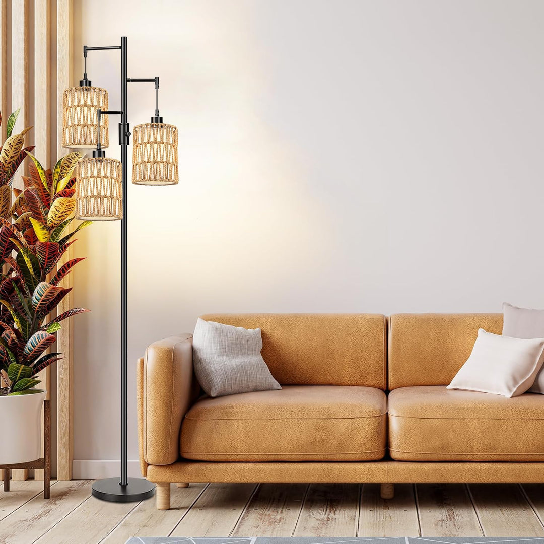 ZECOXOL Boho Floor Lamp for Living Room Bedroom-3 Light Dimmable Floor Lamp with Three Led Bulb, Rustic Tall Lamp Black Standing Lamp Tree Floor Lamps for Living Room Bedroom,Office,Corner 