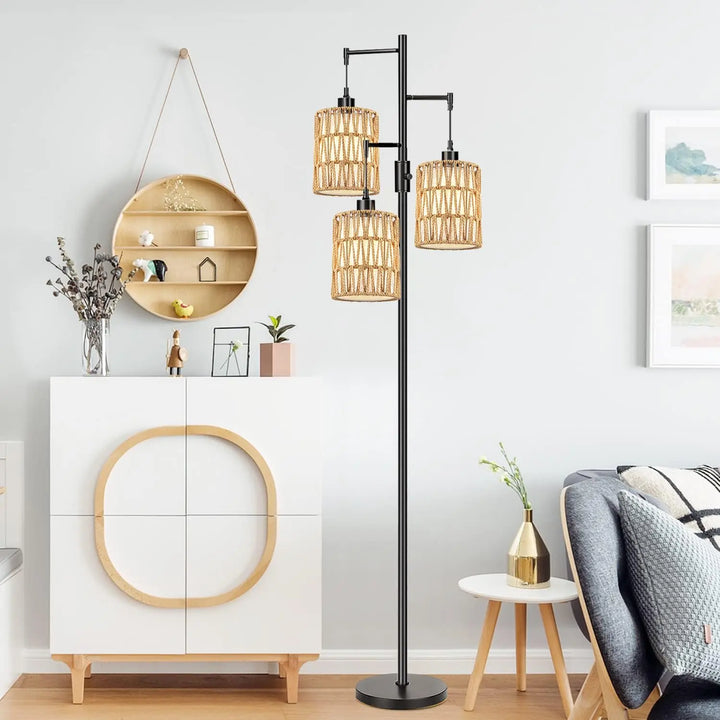 ZECOXOL Boho Floor Lamp for Living Room Bedroom-3 Light Dimmable Floor Lamp with Three Led Bulb, Rustic Tall Lamp Black Standing Lamp Tree Floor Lamps for Living Room Bedroom,Office,Corner 