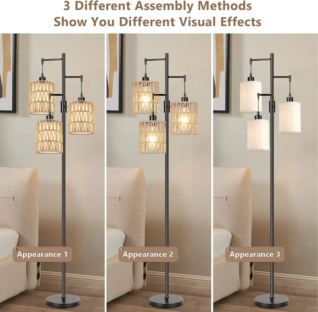 ZECOXOL Boho Floor Lamp for Living Room Bedroom-3 Light Dimmable Floor Lamp with Three Led Bulb, Rustic Tall Lamp Black Standing Lamp Tree Floor Lamps for Living Room Bedroom,Office,Corner 
