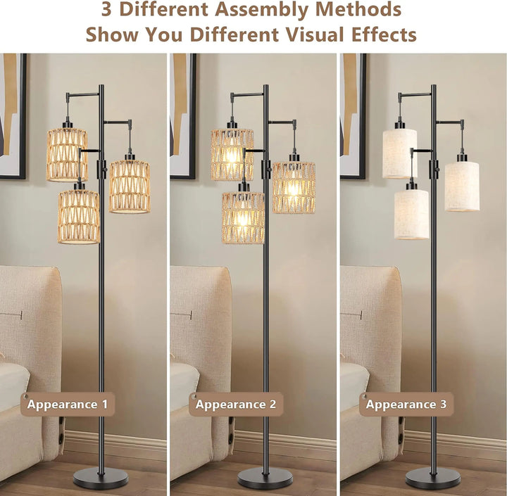 ZECOXOL Boho Floor Lamp for Living Room Bedroom-3 Light Dimmable Floor Lamp with Three Led Bulb, Rustic Tall Lamp Black Standing Lamp Tree Floor Lamps for Living Room Bedroom,Office,Corner 