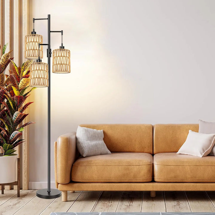 ZECOXOL Boho Floor Lamp for Living Room Bedroom-3 Light Dimmable Floor Lamp with Three Led Bulb, Rustic Tall Lamp Black Standing Lamp Tree Floor Lamps for Living Room Bedroom,Office,Corner 
