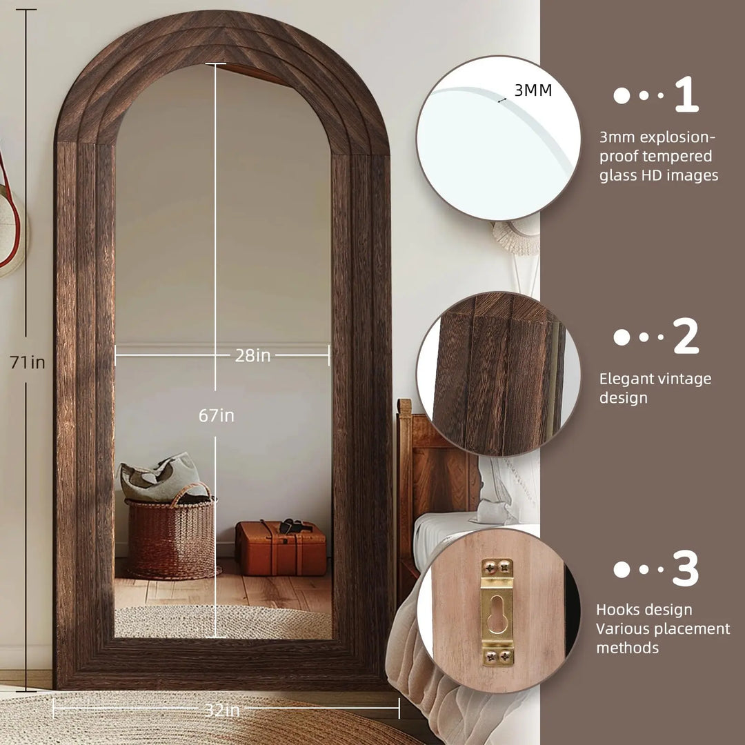 ZHUNFA Arched Full Length Mirror with Solid Wood Frame 