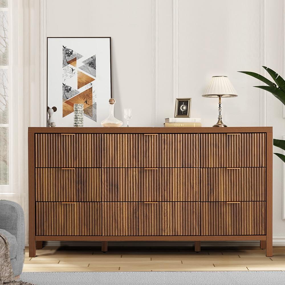 affeivul Mid Century Modern Dresser TV Stand, 9 Drawer Dresser for Bedroom Wood, Farmhouse Boho Storage Cabinet Side Table with Solid Natural Wood Legs, Long Wooden Nightstand for Closet (Walnut) 
