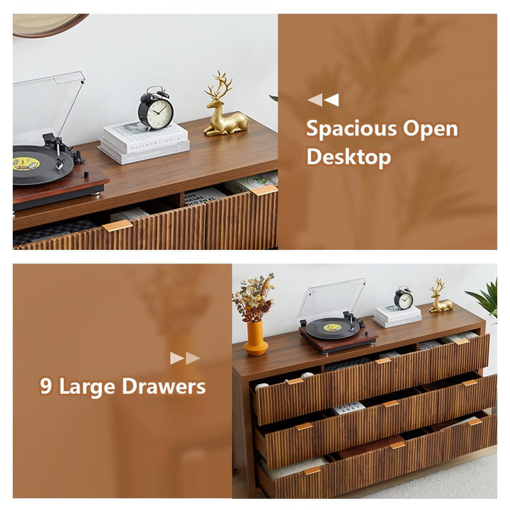 affeivul Mid Century Modern Dresser TV Stand, 9 Drawer Dresser for Bedroom Wood, Farmhouse Boho Storage Cabinet Side Table with Solid Natural Wood Legs, Long Wooden Nightstand for Closet (Walnut) 