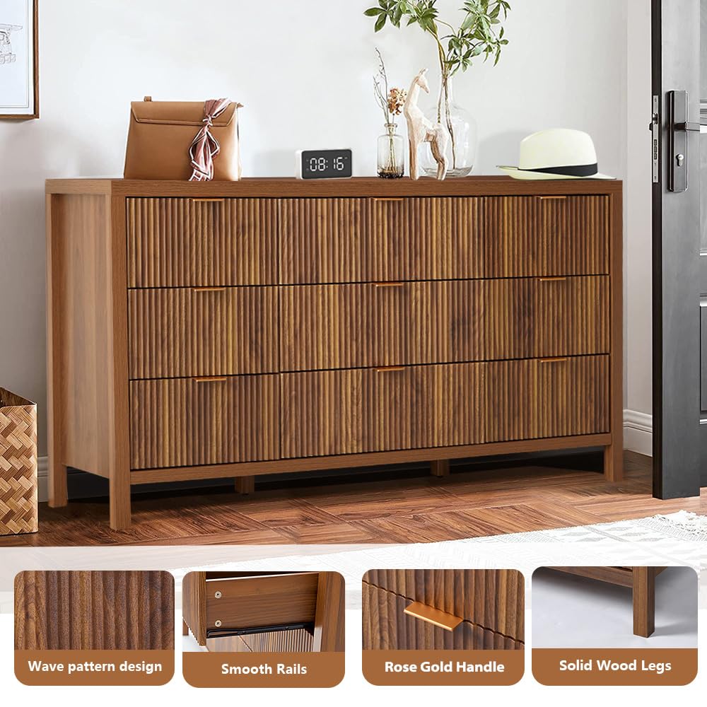 affeivul Mid Century Modern Dresser TV Stand, 9 Drawer Dresser for Bedroom Wood, Farmhouse Boho Storage Cabinet Side Table with Solid Natural Wood Legs, Long Wooden Nightstand for Closet (Walnut) 