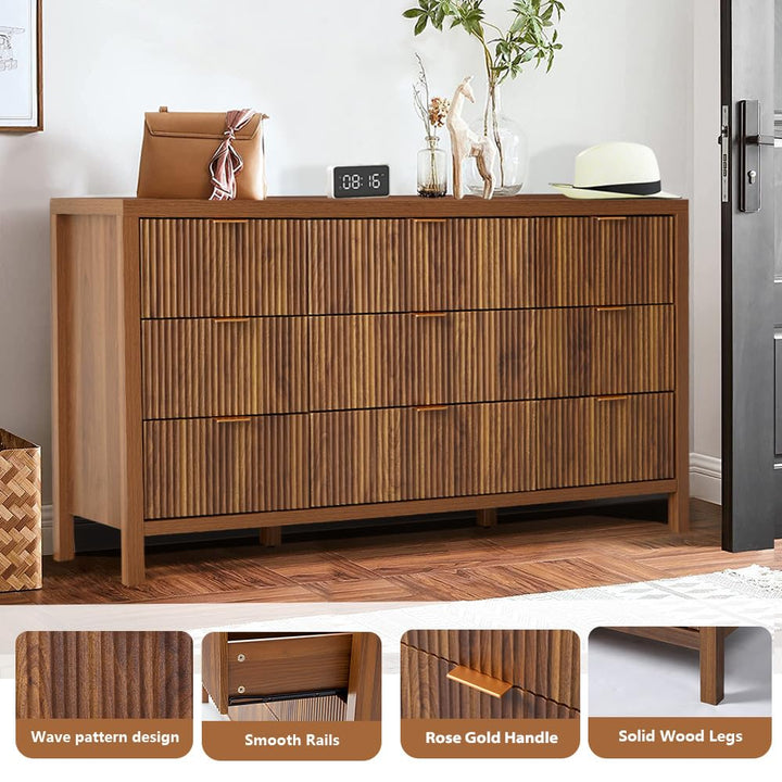 affeivul Mid Century Modern Dresser TV Stand, 9 Drawer Dresser for Bedroom Wood, Farmhouse Boho Storage Cabinet Side Table with Solid Natural Wood Legs, Long Wooden Nightstand for Closet (Walnut) 
