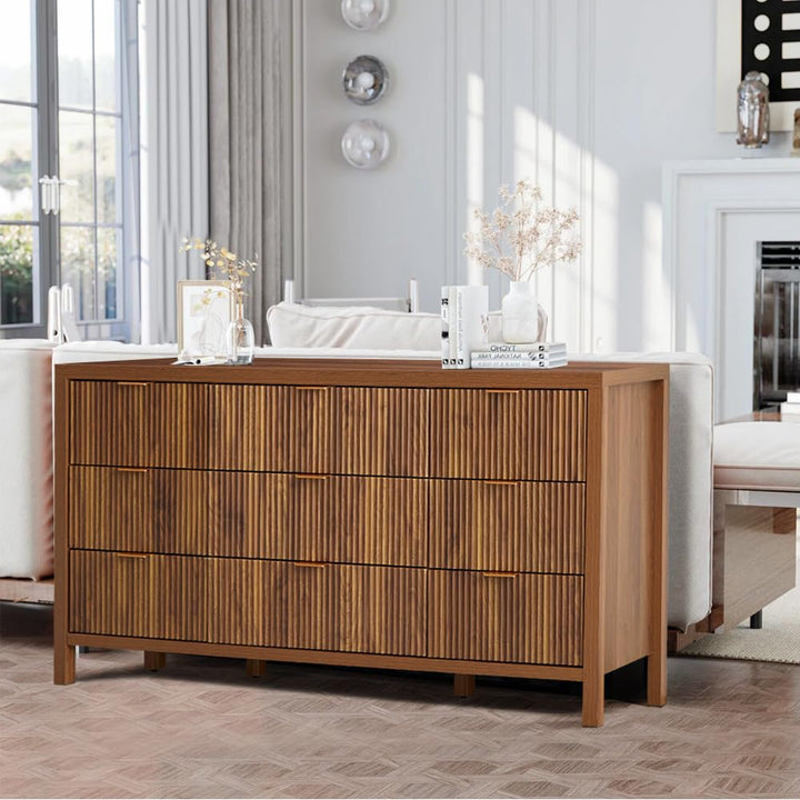 affeivul Mid Century Modern Dresser TV Stand, 9 Drawer Dresser for Bedroom Wood, Farmhouse Boho Storage Cabinet Side Table with Solid Natural Wood Legs, Long Wooden Nightstand for Closet (Walnut) 