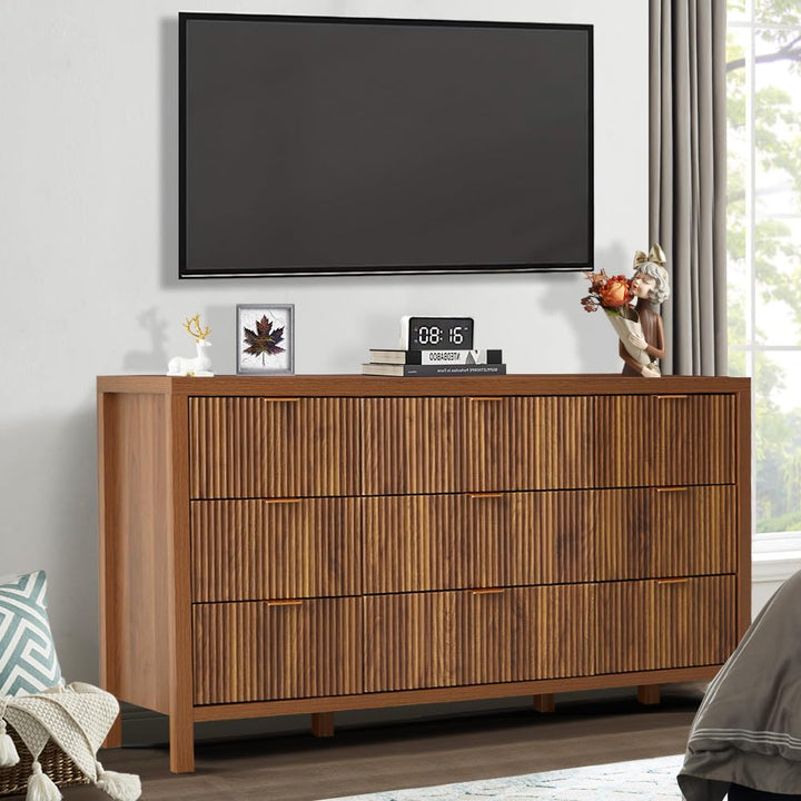 affeivul Mid Century Modern Dresser TV Stand, 9 Drawer Dresser for Bedroom Wood, Farmhouse Boho Storage Cabinet Side Table with Solid Natural Wood Legs, Long Wooden Nightstand for Closet (Walnut) 