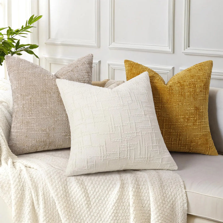 decorUhome Textured Chenille Throw Pillow Covers 18x18 Set of 2 Cream White
